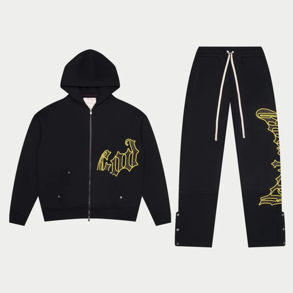 Black Godspeed Zip-Up Hoodie with Yellow trim Design